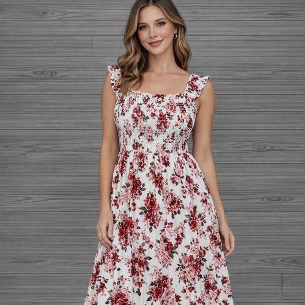Elegant Floral Maxi Dress in Pink and Red